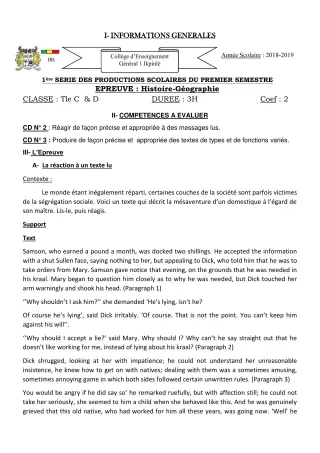 Première page de Anglais 1ère A, 1ère C, 1ère D, Tle C, Tle D — 1re production scolaire, 1er semestre (2018-2019) · CEG1 Ikpinlè