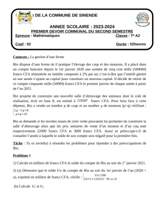 Première page de Mathématiques Tle A2 — 1er devoir surveillé, 2e semestre (2023-2024) · CEG SEKERE