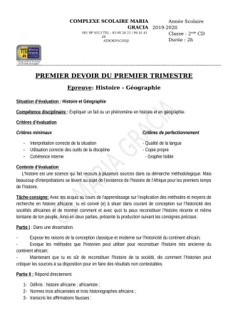 Première page de Histoire-Géographie 2nde D — 1er devoir surveillé, 1er trimestre (2019-2020) · CPEG MARIA GRACIA
