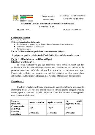Première page de SVT 2nde D — 2e devoir surveillé, 1er semestre (2021-2022) · CEG SEKERE