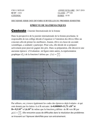 Première page de Mathématiques 2nde C, 2nde D — 2e devoir surveillé, 1er semestre (2017-2018) · CEG l'Océan