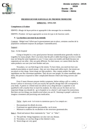 Première page de Anglais 4e, 4e ML — 1er devoir surveillé, 1er trimestre (2019-2020) · CPEG ROSAIRE