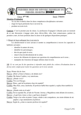 Première page de Espagnol 4e ML, 3e ML — 1er devoir surveillé, 1er semestre (2018-2019) · CEG1 Covè
