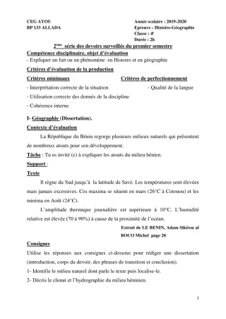Première page de Histoire-Géographie 4e ML&MC — 2e devoir surveillé, 1er semestre (2019-2020) · CEG AYOU
