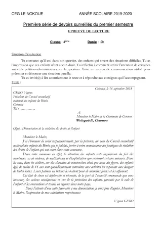 Première page de Français 4e — 1er devoir surveillé, 1er semestre (2019-2020) · CEG LE NOKOUE