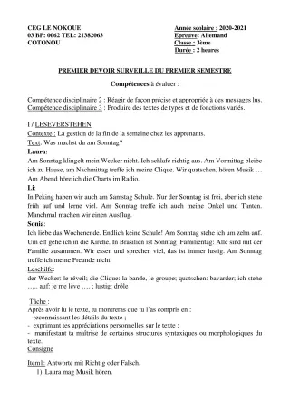Première page de Allemand 3e, 3e ML — 1er devoir surveillé, 1er semestre (2021-2022) · CEG LE NOKOUE