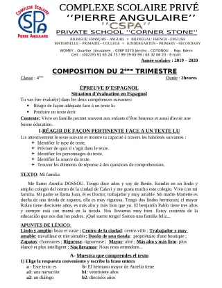 Première page de Espagnol 4e, 4e ML — Composition, 2e trimestre (2019-2020) · CPEG PIERRE ANGULAIRE