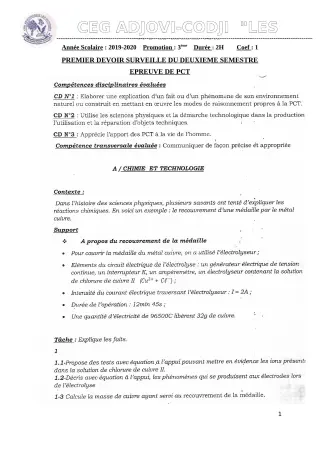 Première page de PCT 3e — 1er devoir surveillé, 2e semestre (2019-2020) · CEG ADJOVICODJI 'LES OLIVIERS'