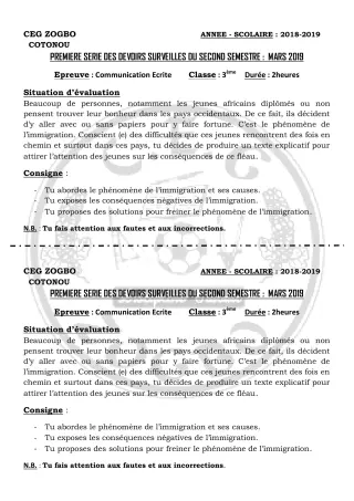 Première page de Français 3e, 3e ML — 1er devoir surveillé, 2e semestre (2018-2019) · CEG ZOGBO