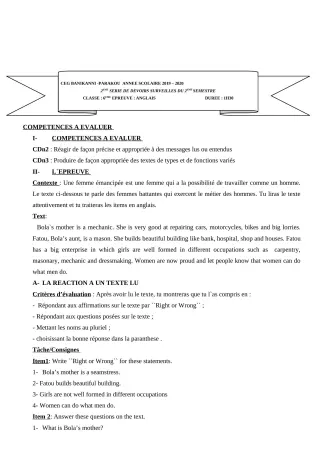 Première page de Anglais 6e, 5e, 4e, 4e ML, 3e, 3e ML, 2nde A2, 2nde B, 2nde C, 2nde D, 1ère A2, 1ère B, 1ère C, 1ère D, Tle A1, Tle A2, Tle B, Tle C, Tle D — 2e devoir surveillé, 2e semestre (2019-2020) · CEG Banikan