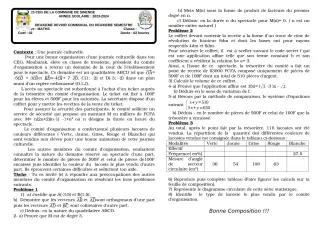 Première page de Mathématiques 3e — Composition, 2e semestre (2023-2024) · CEG SEKERE