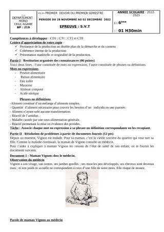 Première page de SVT 6e, 5e, 4e, 4e ML, 3e, 3e ML — 1er devoir surveillé, 1er semestre (2022-2023) · CEG1 AGAME