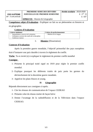 Première page de Histoire-Géographie 1ère D — 1er devoir surveillé, 1er semestre (2019-2020) · CEG Kaïtèmè