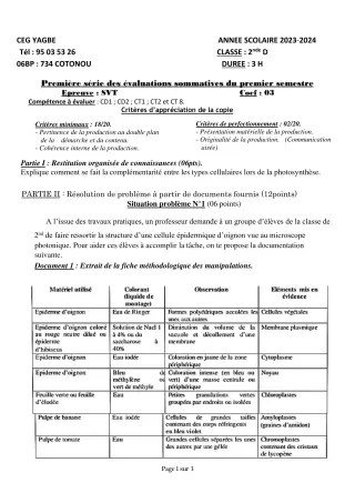 Première page de SVT 2nde D — 1re évaluation sommative, 1er semestre (2023-2024) · CEG Yagbe