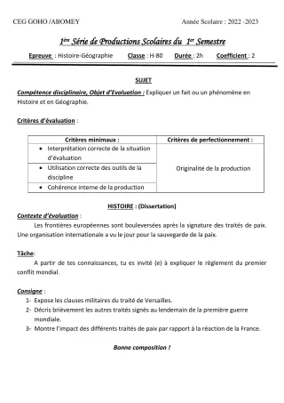 Première page de Histoire-Géographie 1ère D — 1re production scolaire, 1er semestre (2022-2023) · CEG GOHO