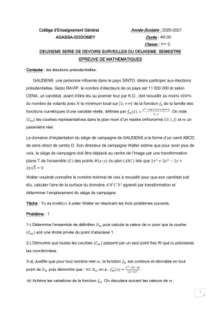 Première page de Mathématiques 1ère C — 2e devoir surveillé, 2e semestre (2020-2021) · CEG Agassa Godomey