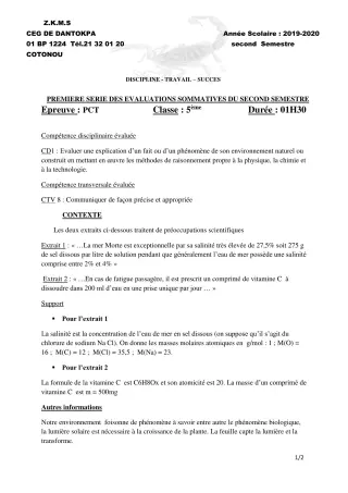 Première page de PCT 5e — 1re évaluation sommative, 2e semestre (2019-2020) · CEG Dantokpa