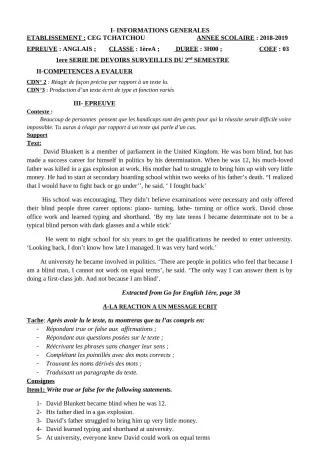 Première page de Anglais 3e ML, 1ère A — 1er devoir surveillé, 2e semestre (2018-2019) · CEG Tchatchou