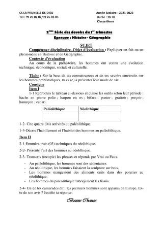 Première page de Histoire-Géographie 6e, 5e, 3e, 3e ML — 2e devoir surveillé, 1er trimestre (2021-2022) · CEPG La Prunelle de Dieu