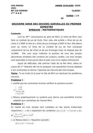 Première page de Mathématiques 1ère A1, 1ère A2, 1ère B — 2e devoir surveillé, 1er semestre (2020-2021) · CEG PAHOU
