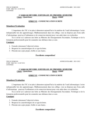 Première page de Français 4e, 4e ML — 1er devoir surveillé, 1er semestre (2021-2022) · CEG LE NOKOUE