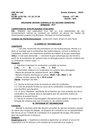 Première page de PCT 4e — 2e devoir surveillé, 2e semestre (2019-2020) · CEG du Lac