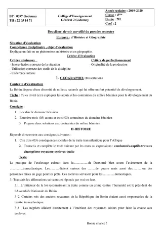 Première page de Histoire-Géographie 4e, 4e ML, 4e ML&MC — 2e devoir surveillé, 1er semestre (2019-2020) · CEG2 Godomey