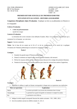 Première page de Histoire-Géographie 6e — 1er devoir surveillé, 1er semestre (2018-2019) · CEG TORI-AÏDOHOUE