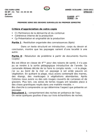 Première page de SVT 4e — 1er devoir surveillé, 1er semestre (2020-2021) · CEG SURU-LERE