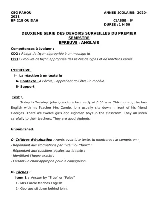 Première page de Anglais 6e — 2e devoir surveillé, 1er semestre (2020-2021) · CEG PAHOU