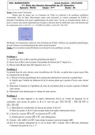 Première page de Mathématiques 3e, 3e ML — 1er devoir surveillé, 2e semestre (2019-2020) · CEG MAREGOUROU