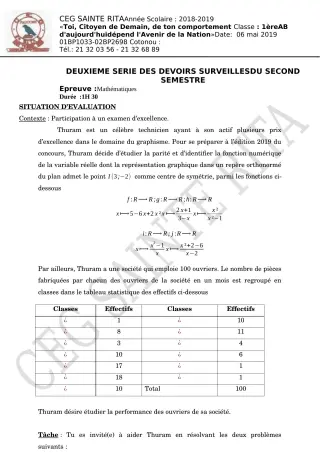 Première page de Mathématiques 6e, 5e, 4e ML&MC, 3e, 3e ML, 2nde A & B, 2nde C, 1ère A, 1ère B, 1ère C, 1ère D, Tle A2, Tle B, Tle C, Tle D — 2e devoir surveillé, 2e semestre (2018-2019) · CEG Sainte Rita