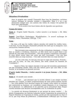 Première page de Français 2nde A1, 2nde A2, 2nde B, 2nde C, 2nde D — 2e devoir surveillé, 2e semestre (2019-2020) · CEG 1 Akpakpa-Centre
