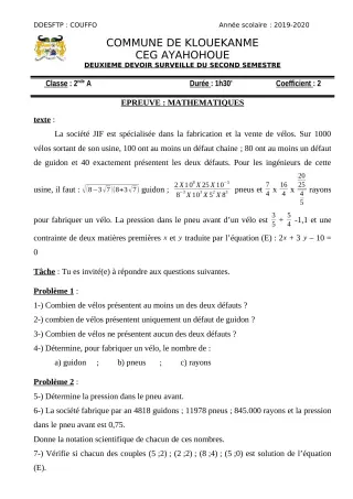 Première page de Mathématiques 2nde A, 2nde A1, 2nde A2, 2nde D, 1ère A, 1ère A1, 1ère A2, 1ère D, Tle A & B, Tle A1, Tle A2, Tle D — 2e devoir surveillé, 2e semestre (2019-2020) · CEG AYAHOHOUE