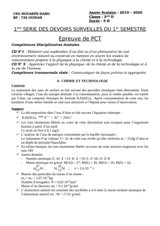 Première page de PCT 2nde D — 1er devoir surveillé, 1er semestre (2019-2020) · CEG Houakpe daho