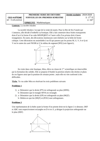Première page de Mathématiques 1ère D — 1er devoir surveillé, 1er semestre (2019-2020) · CEG Kaïtèmè