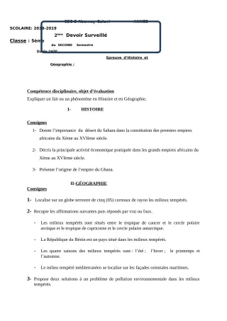 Première page de Histoire-Géographie 5e — 2e devoir surveillé, 2e semestre (2018-2019) · CEG2 ABOMEY - CALAVI (CEG ZOCA)