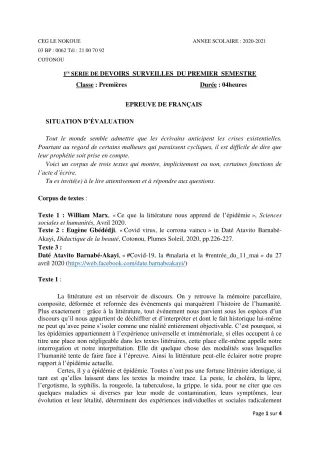 Première page de Français 1ère A1, 1ère A2, 1ère B, 1ère C, 1ère D — 1er devoir surveillé, 1er semestre (2020-2021) · CEG LE NOKOUE