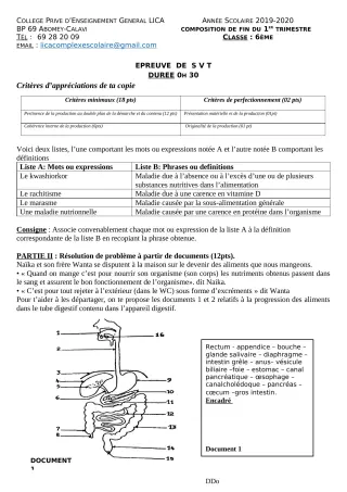Première page de SVT 6e — Composition, 1er trimestre (2019-2020) · CPEG LICA