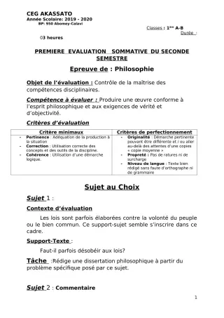 Première page de Philosophie 1ère A, 1ère A1, 1ère A2, 1ère B — 1re évaluation sommative, 2e semestre (2019-2020) · CEG Akassato