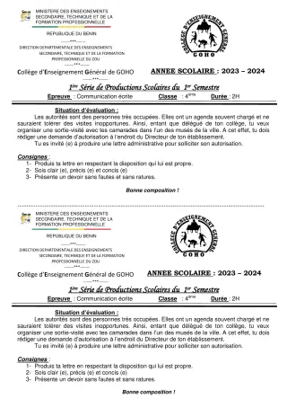 Première page de Français 4e — 1re production scolaire, 1er semestre (2023-2024) · CEG GOHO