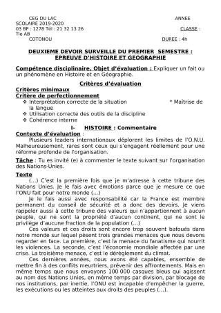 Première page de Histoire-Géographie Tle A2, Tle B — 2e devoir surveillé, 1er semestre (2019-2020) · CEG du Lac