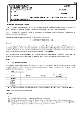 Première page de PCT 4e — 1er devoir surveillé, 1er semestre (2019-2020) · Ceg OUESSE