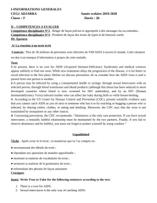 Première page de Devoir surveillé de ANGLAIS — 3e, 3e ML — CEG1 Adjarra (2019)