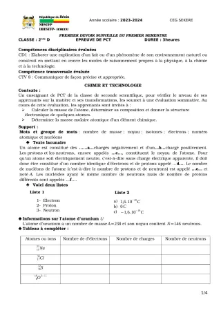 Première page de PCT 2nde D — Devoir surveillé, 1er semestre (2023-2024) · CEG SEKERE