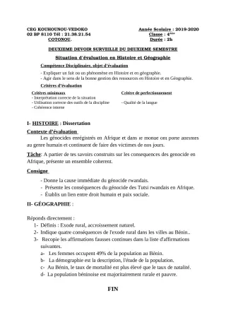 Première page de Histoire-Géographie 4e, 4e ML — 2e devoir surveillé, 2e semestre (2019-2020) · CEG Kouhounou-Vêdoko