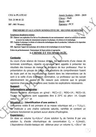 Première page de PCT Tle D — 1re évaluation sommative, 2e semestre (2018-2019) · CEG Le Plateau