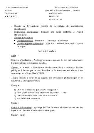 Première page de Philosophie 1ère A & B — 2e devoir surveillé, 1er semestre (2018-2019) · Lycée Houegbadja d'Abomey (Ex Mafory Bangoura)