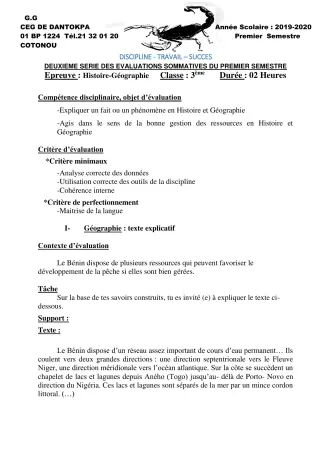 Première page de Histoire-Géographie 3e, 3e ML — 2e évaluation sommative, 1er semestre (2019-2020) · CEG Dantokpa