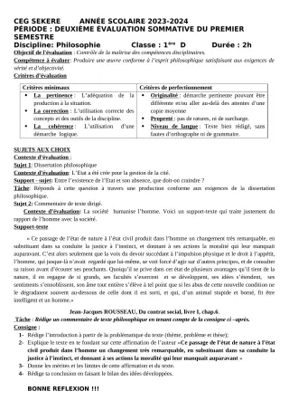 Première page de Philosophie 1ère D — 2e évaluation sommative, 1er semestre (2023-2024) · CEG SEKERE
